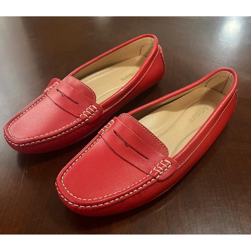 Artisure Womens Red Pebbled Leather Driving Loafers Penny Slip On Shoes Size 10